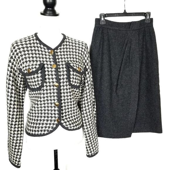 Vintage Carlisle Gray Houndstooth Sweater Jacket and Skirt Set Size 10 Medium - Picture 1 of 8